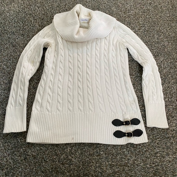 Calvin Klein Sweaters - Calvin Klein Cable Knit Turtleneck Sweater with Bow Detail in Cream